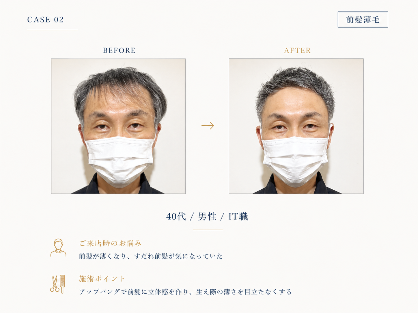 前髪薄毛（すだれ前髪）の40代男性のBefore/After｜RELIVEのカット事例